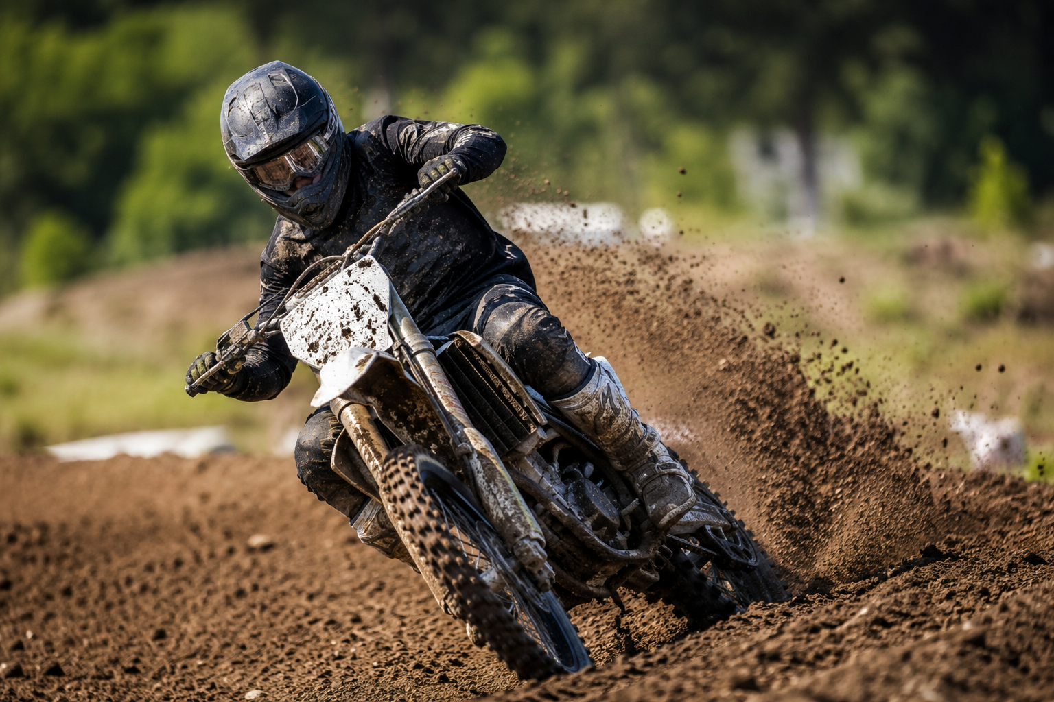 Motocross rider carving through a dirt corner and throwing a roost.
